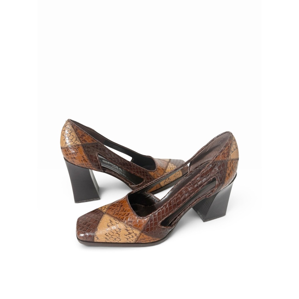 Via Spiga Vintage Patchwork Snakeskin Grandma Brown Tan Leather Chunky Pump 7.5